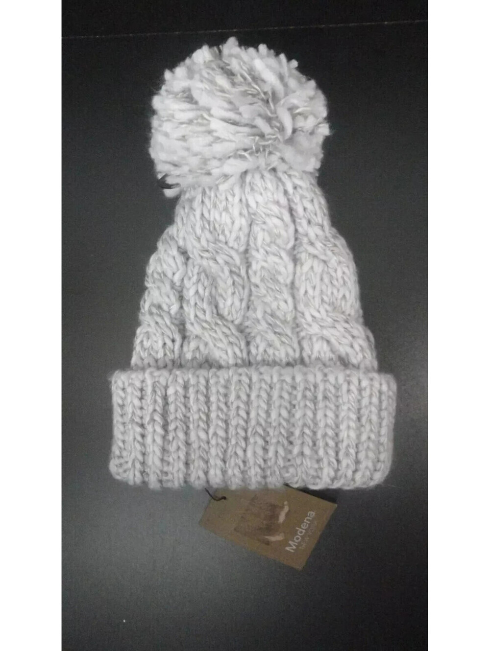 Modena Womens Cable Knit Pom Beanie Hat Cuffed Gray Grey One Size ~ New w/tags!